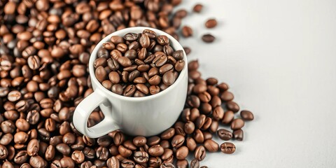 Obraz premium Whole coffee beans overflowing a white ceramic coffee cup, robusta, studio shot