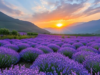 Obraz premium Endless Lavender Field with Shades of Purple, Extending to Mountain Foot at Sunset, Orange Sun & Blue-Pink Sky