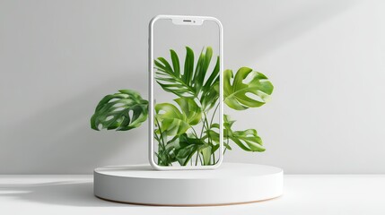 A white smartphone with a transparent screen, showcasing a Monstera plant with its distinctive split leaves