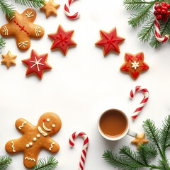 Cozy Holiday Treats Flat Lay with Gingerbread, Candy Canes, and Cocoa on White Background