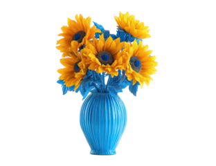 Vibrant Yellow Sunflowers in a Blue Vase on Transparent Background