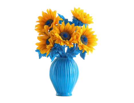 Vibrant Yellow Sunflowers in a Blue Vase on Transparent Background