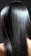 Fototapeta premium Glossy dark hair cascades down bare shoulders against a shadowy background, catching the light with sleek, healthy shine