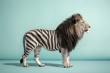 Majestic lion with zebra stripes standing against a light blue background