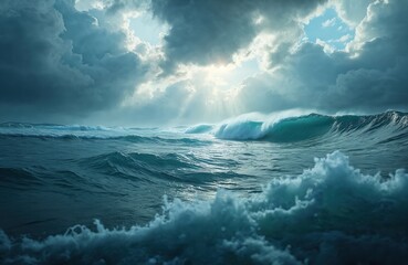 Fototapeta premium Dramatic seascape featuring powerful ocean waves crashing under stormy sky. Sunlight breaks through dark clouds, illuminating turbulent blue water with white foam, spray. Sense of raw, untamed