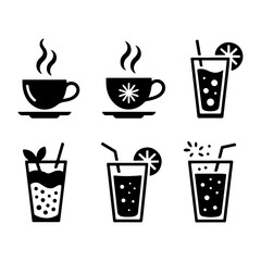 Set of six refreshing beverage icons hot coffee tea and cold drinks with ice and fruit garnishes simple black and white graphics vector