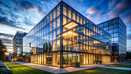 Obraz premium Luxury glowing glass building in twilight futuristic architecture glowing skyscraper design with modern luxury style