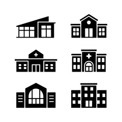 Collection of six modern and classic building icons representing diverse architecture styles for healthcare and residential use vector