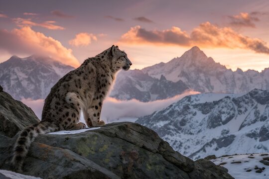 Majestic snow leopard surveys snowy mountain landscape at sunset