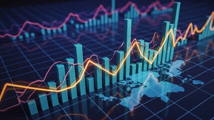 3D bar chart with glowing orange line graph over world map background finance business