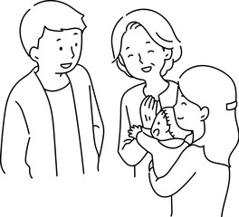 談笑するおばあちゃんと夫婦とあかちゃん_線画