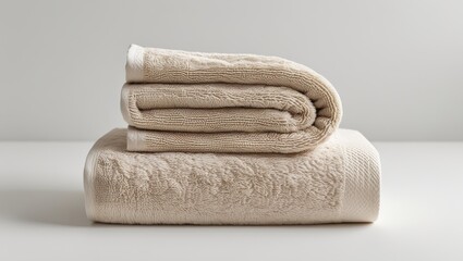 A stack of folded beige towels sits on a light gray surface, showcasing a soft and elegant texture.