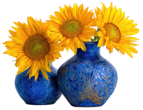 Vibrant Yellow Sunflowers in Blue Mosaic Vases