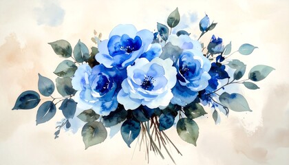 Watercolor bouquet of blue roses