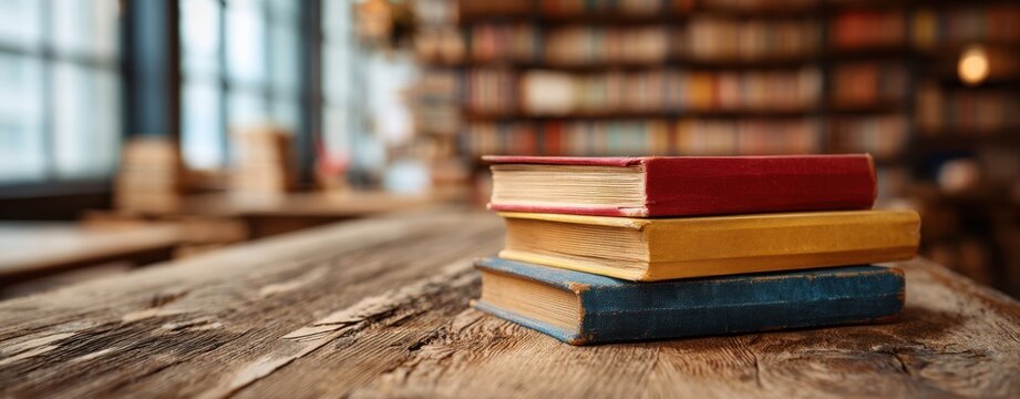 The colorful stack of vintage books on a rustic wooden table.