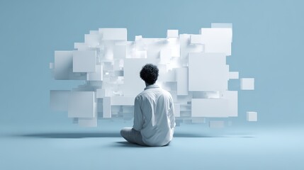 A business man in front of a virtual screen