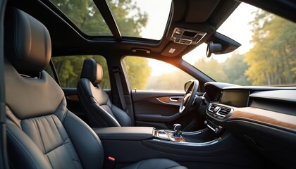 Luxury SUV interior featuring plush leather seats, advanced dashboard, wood trim. Sunroof opens to tree-lined road, bathing cabin in natural light. Offers premium comfort, sophisticated driving