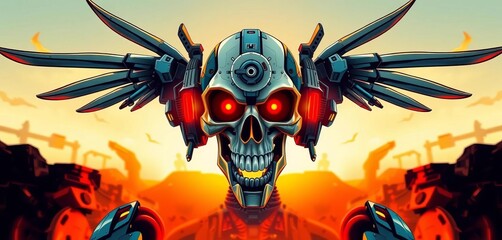 Engineered skull robot with wings, mecha style, vector illustration, graphic, death