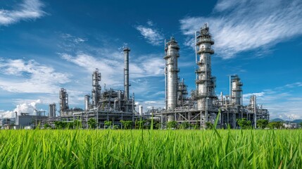 Fototapeta premium A large industrial facility features towering structures and pipes under a clear blue sky. Lush green grass sways gently in the foreground, highlighting the contrast between nature and industry.