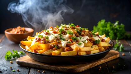 Steaming Fries on Wooden Board