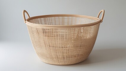 Fototapeta premium A light beige woven basket with handles stands out against a neutral backdrop.