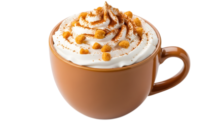 A warm, inviting mug filled with a frothy, whipped creamtopped beverage, sprinkled with cinnamon and crunchy toppings, isolated on transparent background