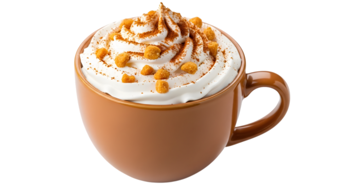 A warm, inviting mug filled with a frothy, whipped creamtopped beverage, sprinkled with cinnamon and crunchy toppings, isolated on transparent background