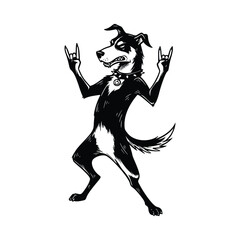 dog with rock hand gesture, rockstar hand, black and white vector illustration