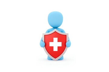Obraz premium A blue 3D figure holding a shield with a red cross, symbolizing protection, safety, and healthcare services on a white background