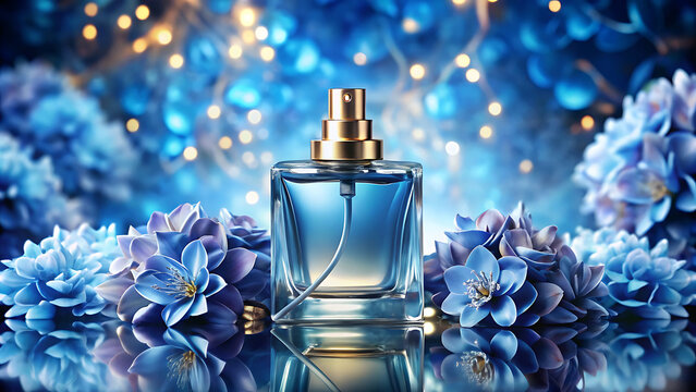 Luxury perfume bottle with abstract blue floral design elegant fragrance product background with glamorous luxury style