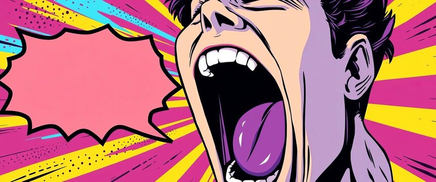 Vibrant comic book style image; open mouth yell, bold colors, speech bubble,  abstract,  image