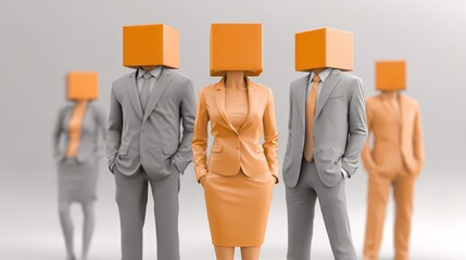 A group of businessmen wearing orange cubes on their heads conveys a sense of anonymity and depersonalization. 