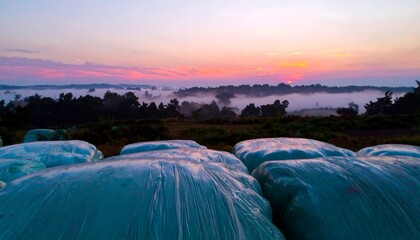 Sunrise over Foggy Field with Hay Bales