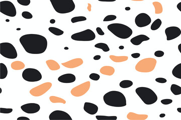 Cute cow-print seamless pattern with black spots on a white background, vector illustration.Abstract animal print texture ideal for backgrounds, fashion textile, fabric design, wallpapers, packaging.