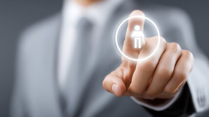 A businessman presses a touchscreen virtual button.