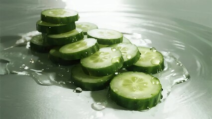 Healthy cucumber slices with water splash freshness vegetable food concept organic clean background design