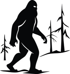 Bigfoot sasquatch silhouette walking through trees isolated on transparent background