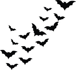 Flock of bats flying in formation silhouette isolated on transparent background