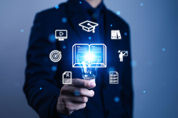 Futuristic concept of digital education and online learning innovation, showing knowledge, e-learning technology, training, and modern business development with glowing book icon.