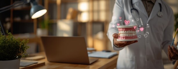 Fototapeta premium The dental model held by a doctor with digital hearts and office background