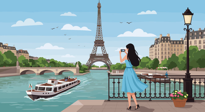 Woman photographing eiffel tower by seine river in paris cityscape