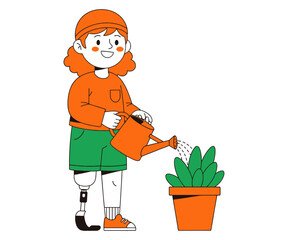Child with Prosthetic Leg Watering Plants – Modern Flat Vector