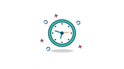 Looping Clock Icon Animation. Flat minimalist design of wall time symbol with hour and minute hands, isolated on white background