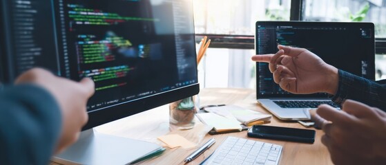 The developers collaborating over code on dual monitors in a modern workspace