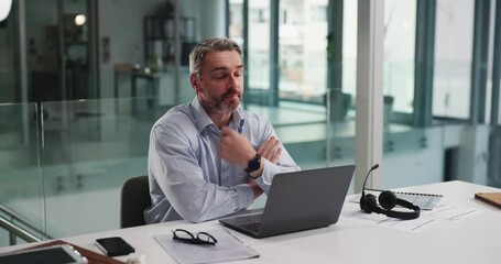 Man, headset and tired with stress at office, laptop and fatigue for consulting job at investment agency. Person, broker or financial advisor with computer, exhausted and frustrated with burnout