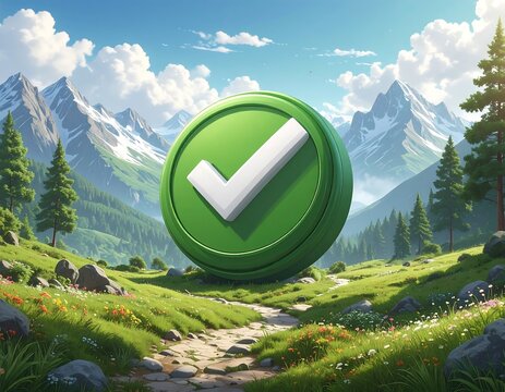 A vibrant, 3D green checkmark icon floats over a lush mountain path