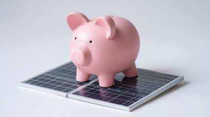 A pink piggy bank stands on two solar panels, representing the intersection of savings and renewable energy. This setup highlights the importance of eco-friendly financial practices.