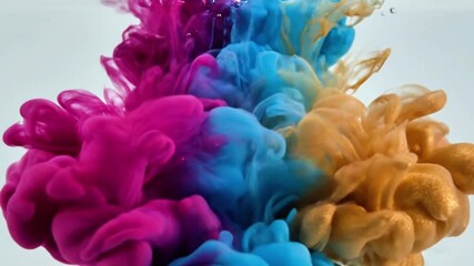 Hyper-realistic close-up of vibrant ink (magenta, cyan, gold) dropping into clear water, blooming in slow motion, seamless loop, 4K resolution - Powered by Adobe