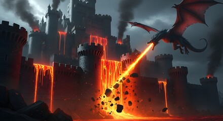 A monstrous dragon spews a torrent of liquid fire and lava at a dark fortress, its walls crumbling and melting under the catastrophic, fiery assault.

