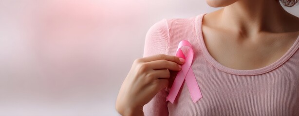 The Pink Ribbon on a Woman's Chest Symbolizing Breast Cancer Awareness and Support